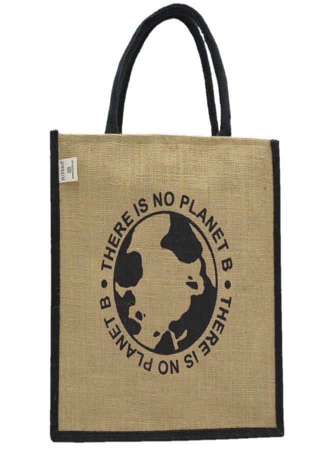 JUTEKA Black and Natural printed Jute Bag for Lunch, Office, Grocery, Picnic, Tiffin, Shopping Hand Bag with padded cotton handles - Image 4